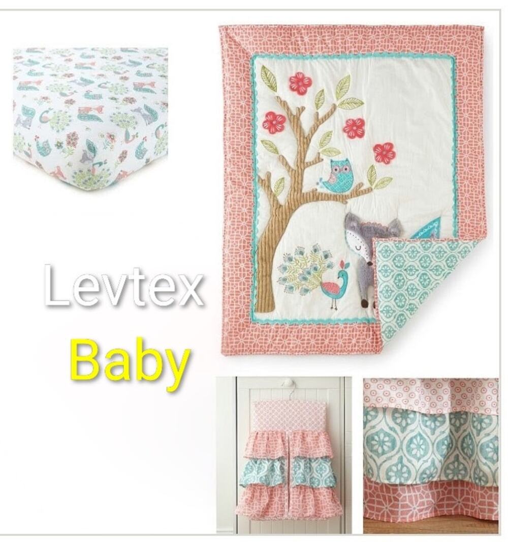 Levtex Baby EUC Fiona 5-Piece Nursery Crib Bedding Set hamper wall flags quilt